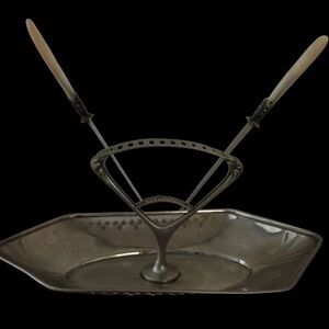 Art Deco Antique Vintage metal fruit basket tray with two knives – early 1900's